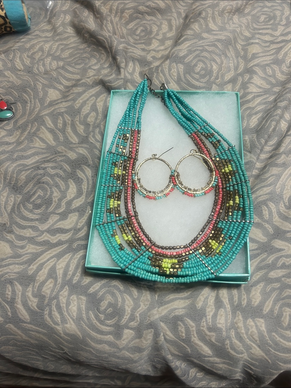 Turquoise Beaded Statement Necklace with Matching Hoop Earrings